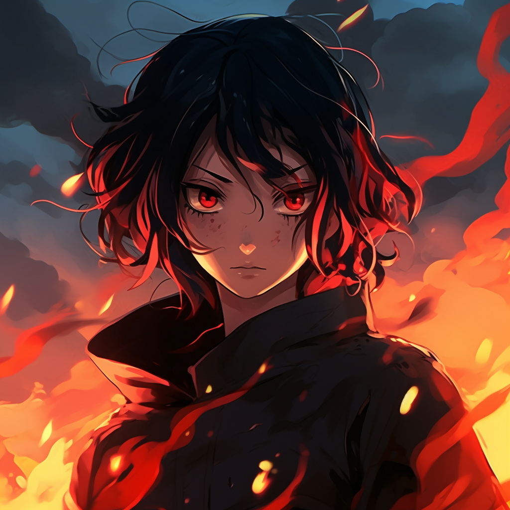 Warrior woman surrounded by fire, dynamic pose and bold lines. female fire anime pfp