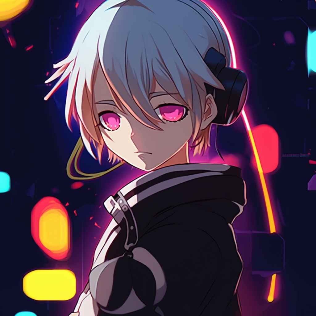 Anime character in high saturation neon colors, character presents a futuristic vibe superb free animated pfp maker