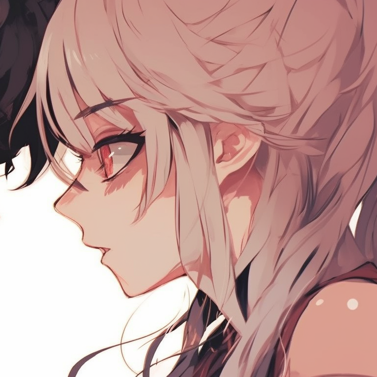 Two characters in a flirtatious interaction, bold expressions and pops of vibrant color, classic school uniforms. unique aesthetic matching pfp couples pfp for discord.