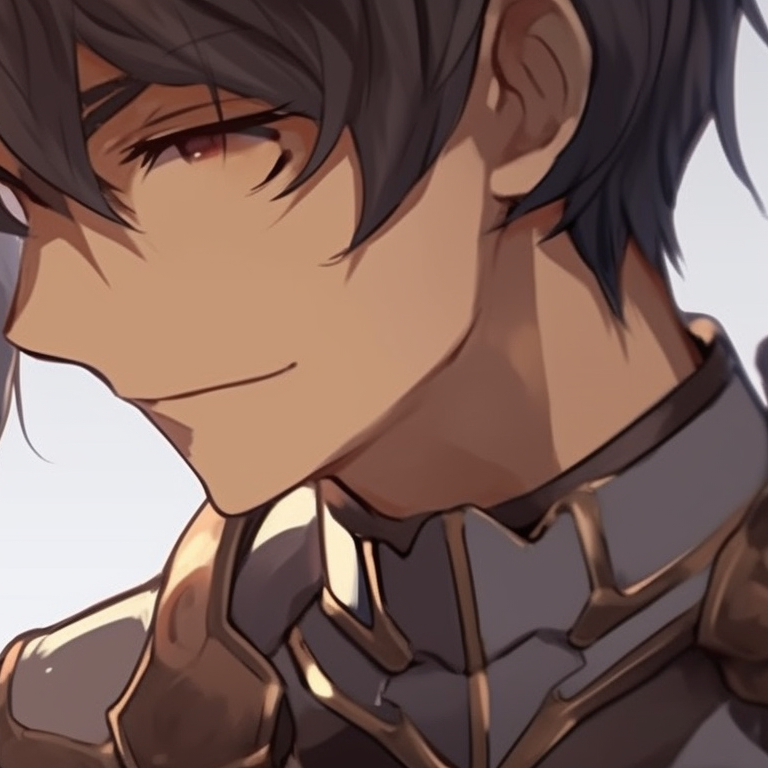 Two characters in matching armor, detailed weaponry and focused expressions, ready for combat. anime boy-girl matching pfp pfp for discord.