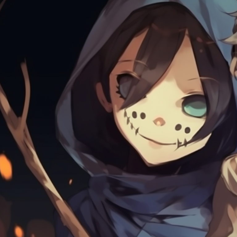 Two identical characters, creepy smiles and muted colors, holding hands ideal matching pfp for halloween pfp for discord.