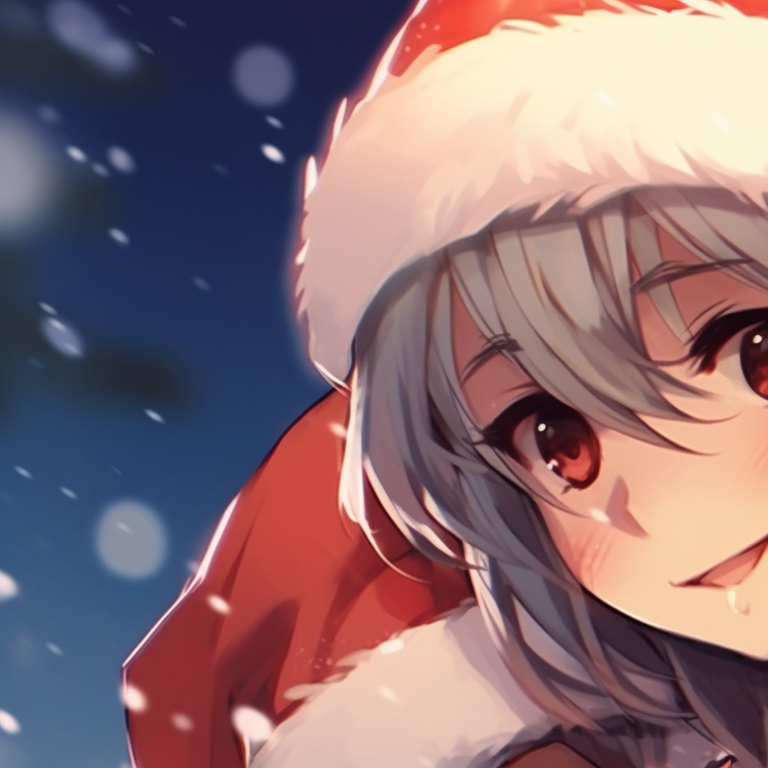 Two characters hugging, each wearing a Santa hat, warm tones and soft outlines. incredible matching christmas pfp ideas pfp for discord.