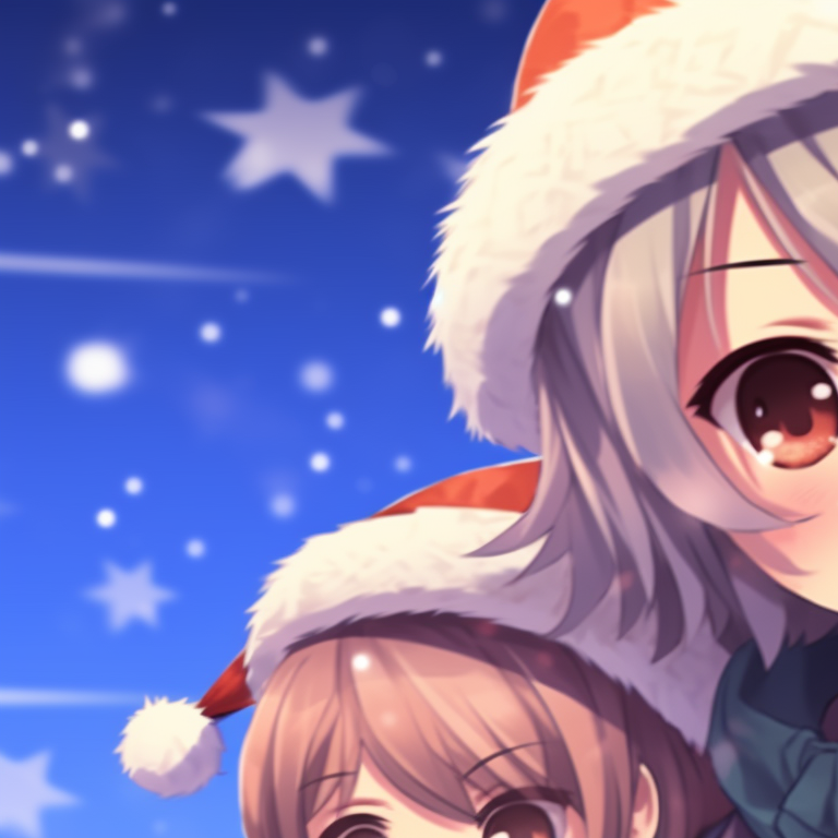 Two characters in school uniforms and winter accessories, snowflakes falling gently around them. harmonizing christmas pfp for school pupils pfp for discord.