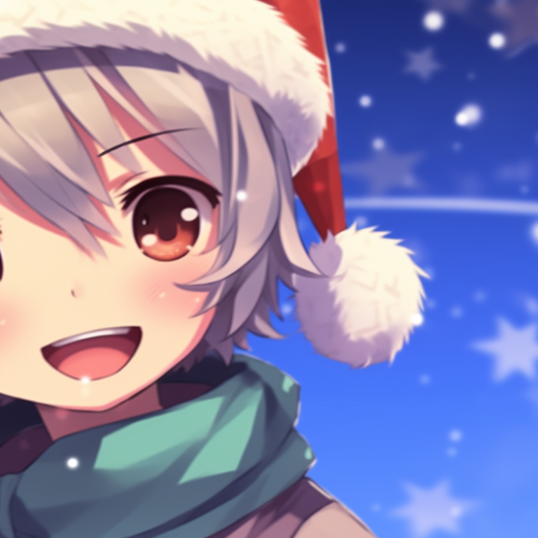 Two characters in school uniforms and winter accessories, snowflakes falling gently around them. harmonizing christmas pfp for school pupils pfp for discord.