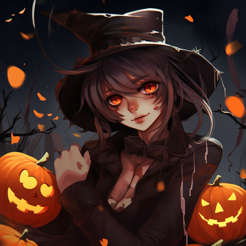 Close-up of anime girl in witch costume, intricate details and dark tones. halloween pfp anime girls