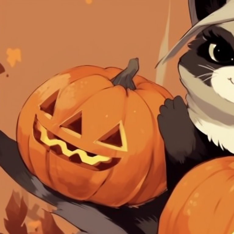 Two raccoons holding pumpkins, warm orange and earthy tones. halloween themed matching animal profile images pfp for discord.