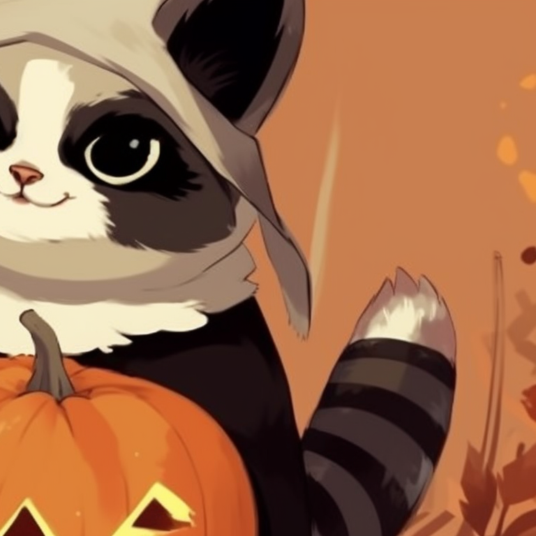 Two raccoons holding pumpkins, warm orange and earthy tones. halloween themed matching animal profile images pfp for discord.