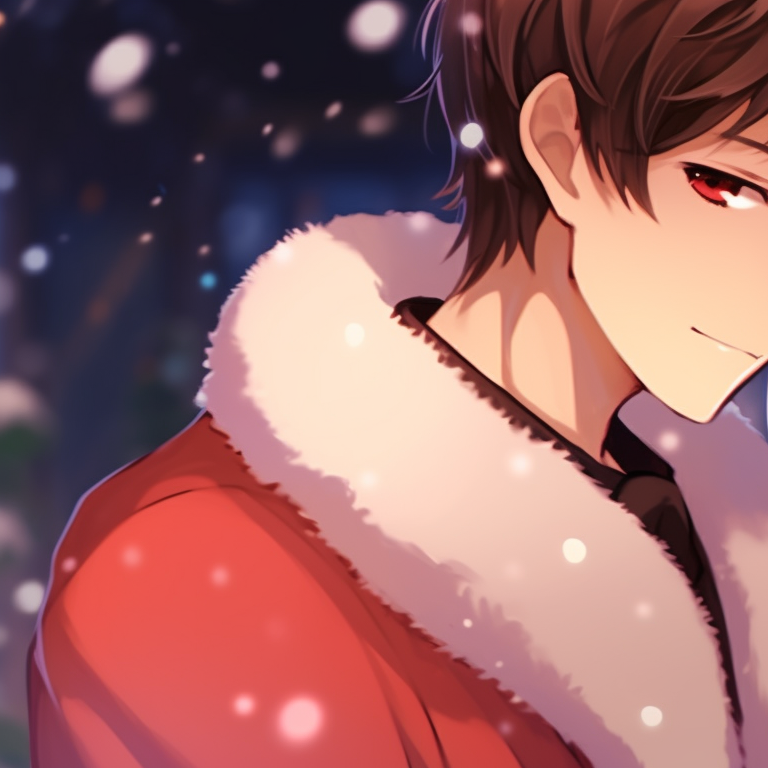 Two characters warmly hugging, clothed in Christmas themed outfits, blush tones pervade the art style. romantic matching christmas couple pfp pfp for discord.