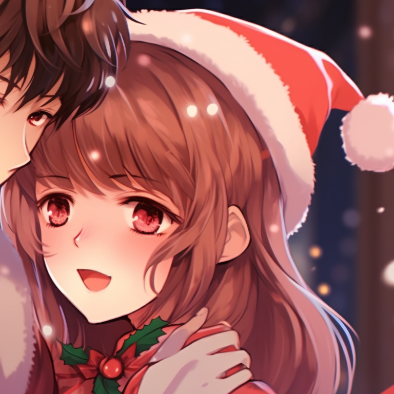 Two characters warmly hugging, clothed in Christmas themed outfits, blush tones pervade the art style. romantic matching christmas couple pfp pfp for discord.