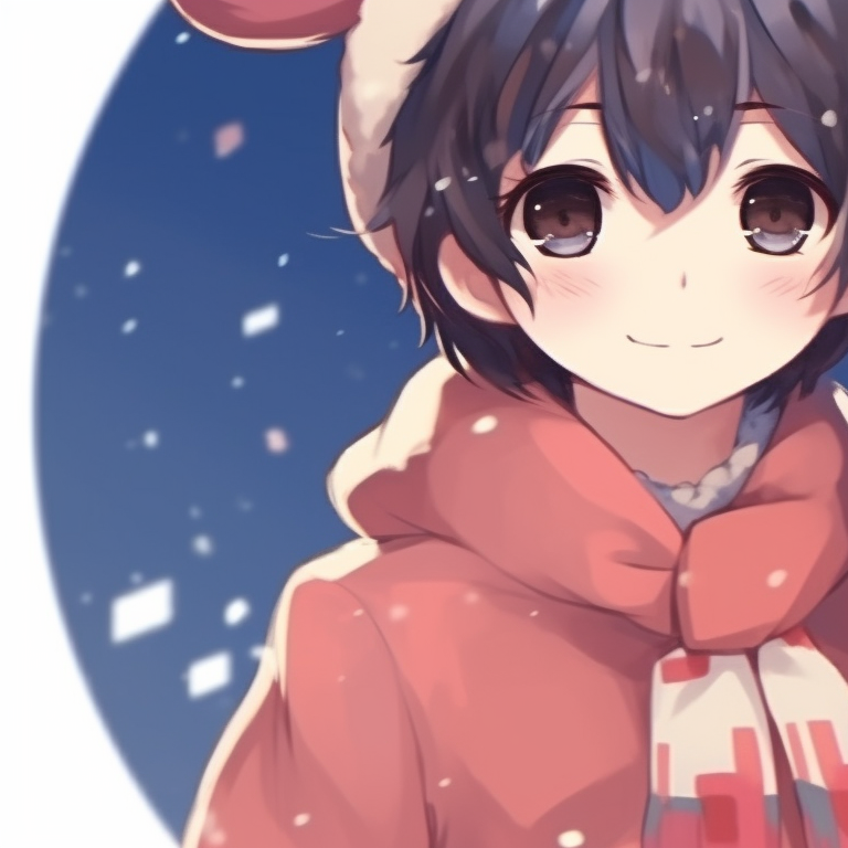 Two characters, rosy cheeks and shining eyes, with a Christmas-themed background and warm color palette. lovable matching christmas anime pfp boy and girl pfp for discord.