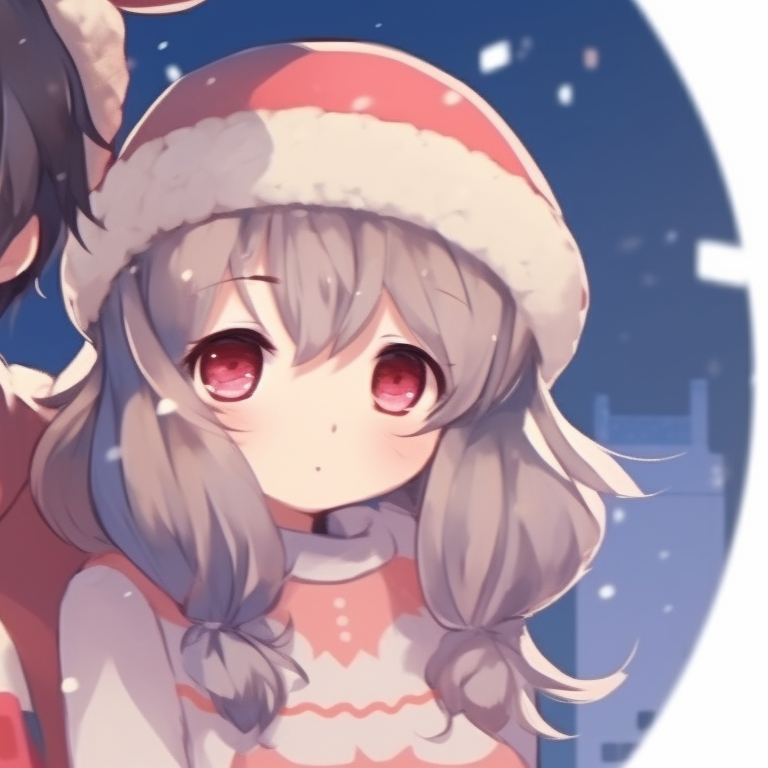 Two characters, rosy cheeks and shining eyes, with a Christmas-themed background and warm color palette. lovable matching christmas anime pfp boy and girl pfp for discord.