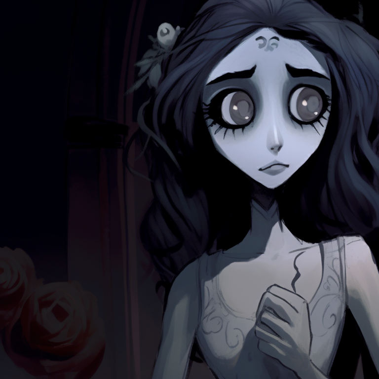 Two characters in signature Burton's gothic art style, with the corpse bride victoriously holding her bouquet. burton's corpse bride matching pfp pfp for discord.