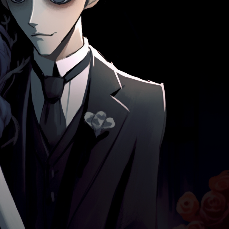 Two characters in signature Burton's gothic art style, with the corpse bride victoriously holding her bouquet. burton's corpse bride matching pfp pfp for discord.