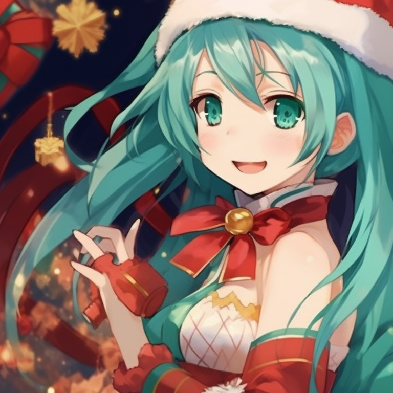 Hatsune Miku characters under a snowy sky, prominent use of cool colors and a romantic winter ambiance. christmas with hatsune miku matching pfp pfp for discord.