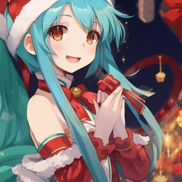 Hatsune Miku characters under a snowy sky, prominent use of cool colors and a romantic winter ambiance. christmas with hatsune miku matching pfp pfp for discord.