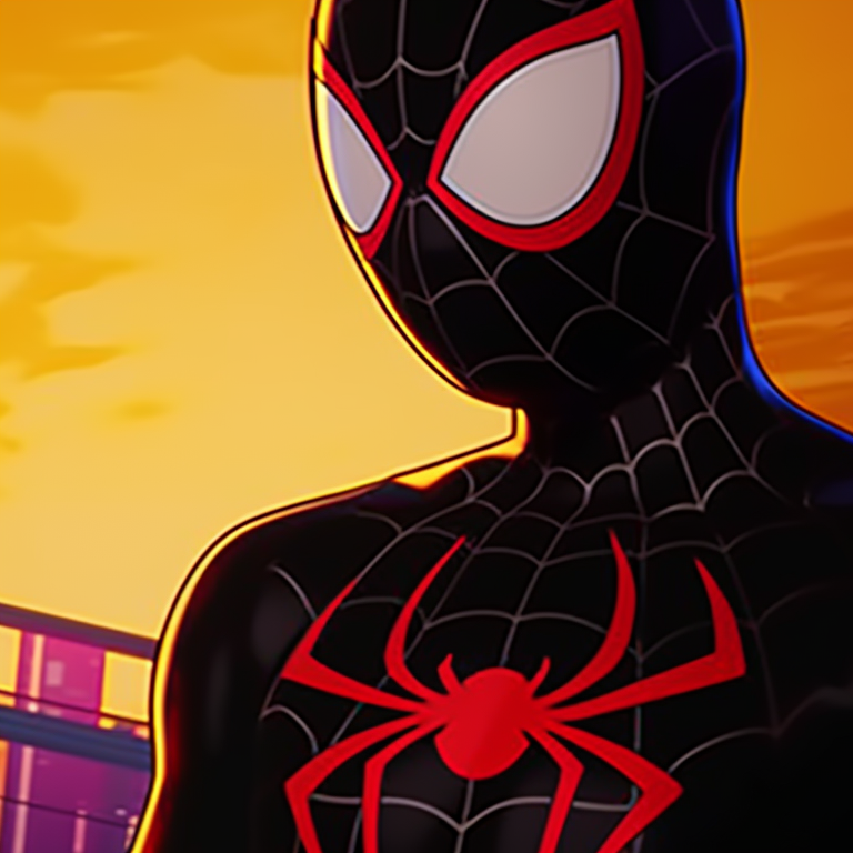 Miles Morales and a friend, dressed as Halloween-themed Spider-Men, navigating a ghoulish city underworld. miles morales halloween themed pfps pfp for discord.