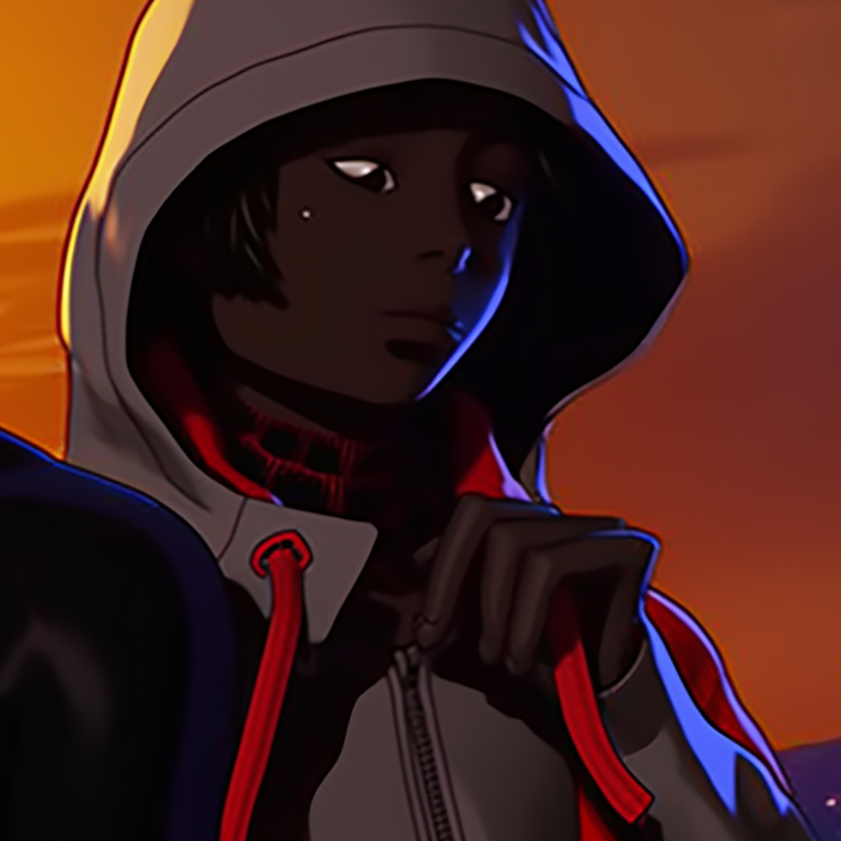 Miles Morales and a friend, dressed as Halloween-themed Spider-Men, navigating a ghoulish city underworld. miles morales halloween themed pfps pfp for discord.