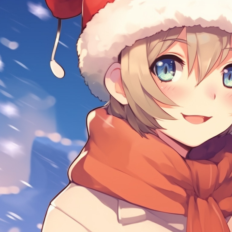Two characters in winter coats, soft colors with a snowy background. best matching christmas discord pfp versions pfp for discord.