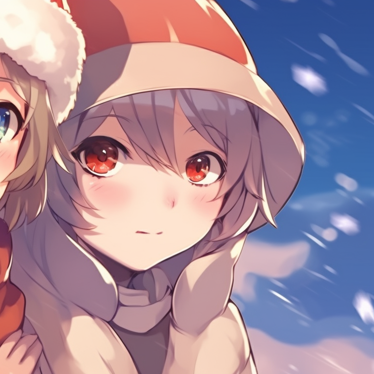 Two characters in winter coats, soft colors with a snowy background. best matching christmas discord pfp versions pfp for discord.