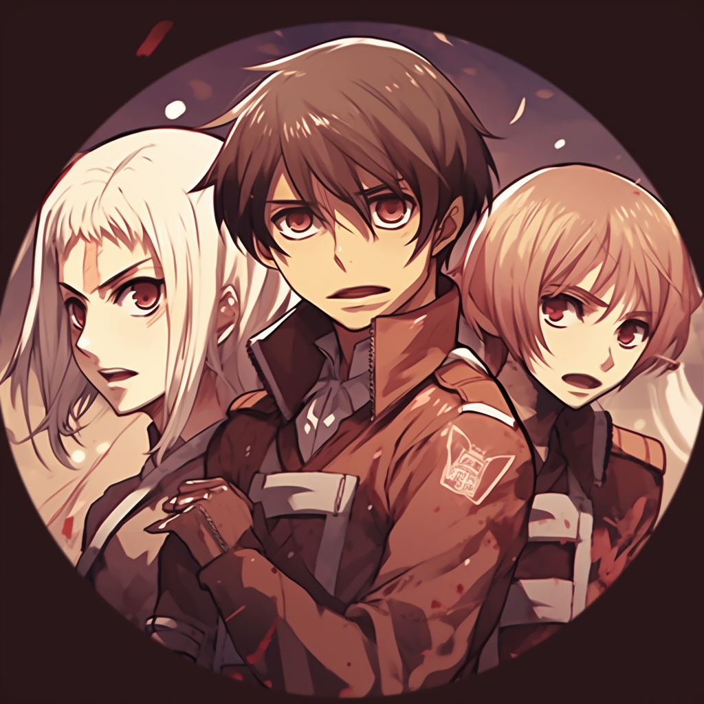 Face-focused image of Attack on Titan characters, with emphasis on dramatic expressions and character-specific features. anime 3 matching pfp unique styles