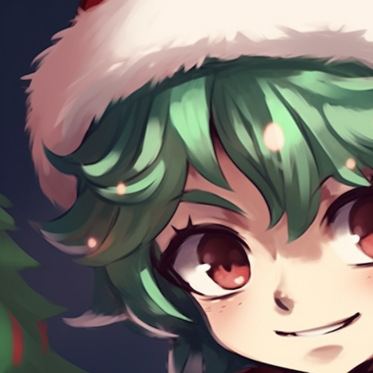 Two characters donned in Christmas attire, with detailed decorations and vibrant shades of red and green. cute christmas my hero academia pfps pfp for discord.