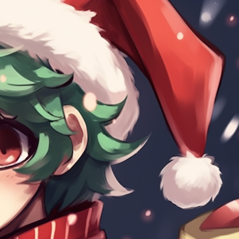 Two characters donned in Christmas attire, with detailed decorations and vibrant shades of red and green. cute christmas my hero academia pfps pfp for discord.