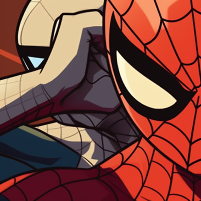 Spiderman trio in mid-air action, dynamic lines and vivid colors. spiderman trio matching pfp pfp for discord.