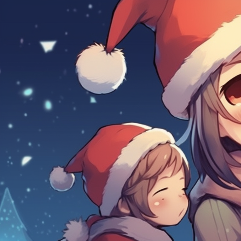 Two characters singing a Christmas carol, night sky backdrop and twinkling lights. stunning matching christmas cartoon pfp collections pfp for discord.