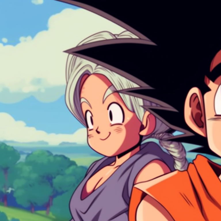 Goku and Chichi expressing affection, pastel colors and romantic atmosphere. goku and chichi matching outfits pfp for discord.