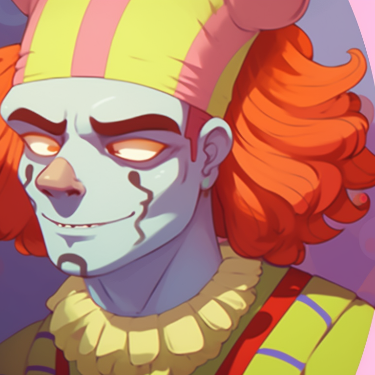 Two characters in clown outfits, vibrant colors and cartoonish style. comical matching pfp for couples, bringing the fun pfp for discord.