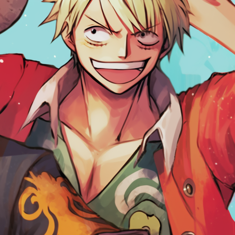 A pair of characters gazing at the sea, vivid colors and sun setting in the background. one piece matching pfp vibes pfp for discord.