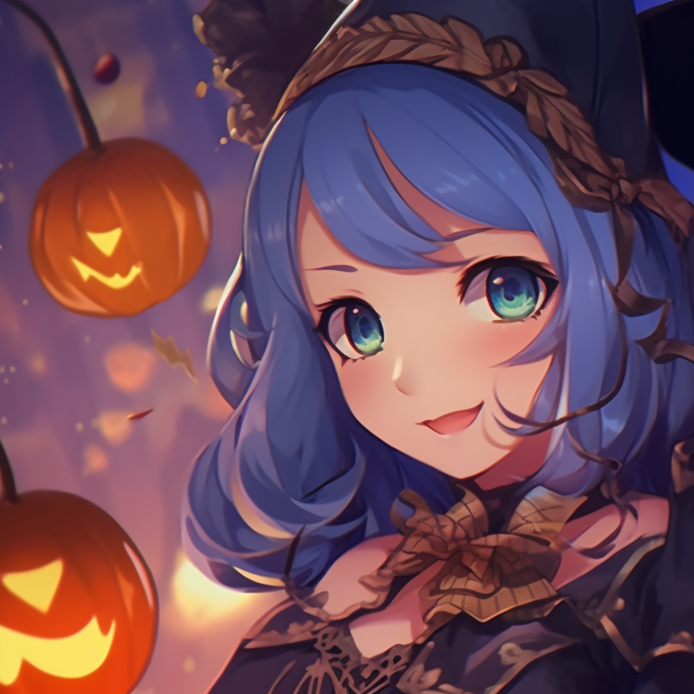 Two characters in a pumpkin field, warm autumnal colors and intricate expressions. halloween-themed project sekai matching pfps pfp for discord.