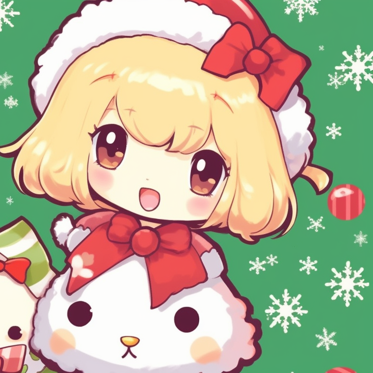 Two profile pictures featuring Hello Kitty in red and green festive dresses, snowflakes in the background. best matching sanrio christmas pfp for festivities pfp for discord.