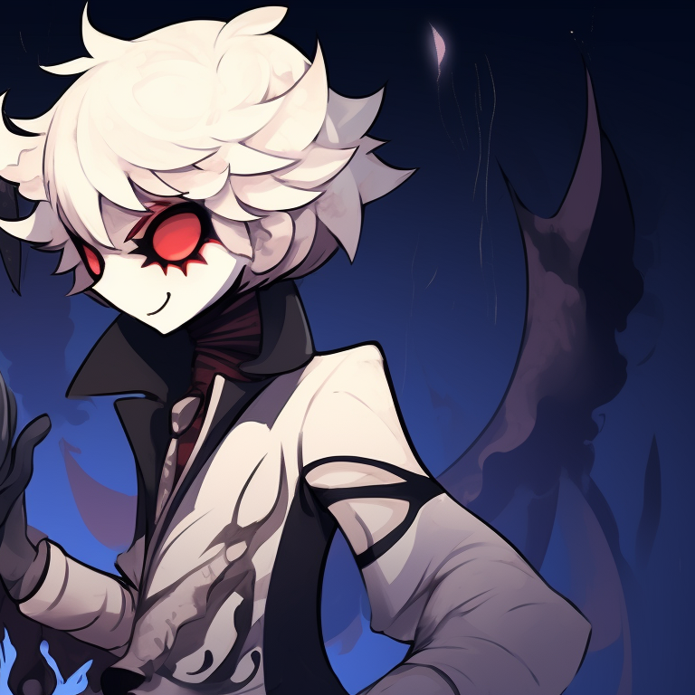 Blitzo and Stolas in ghostly outfits, contrasting light and dark shades, standing shoulder to shoulder. blitzo x stolas halloween pfps pfp for discord.