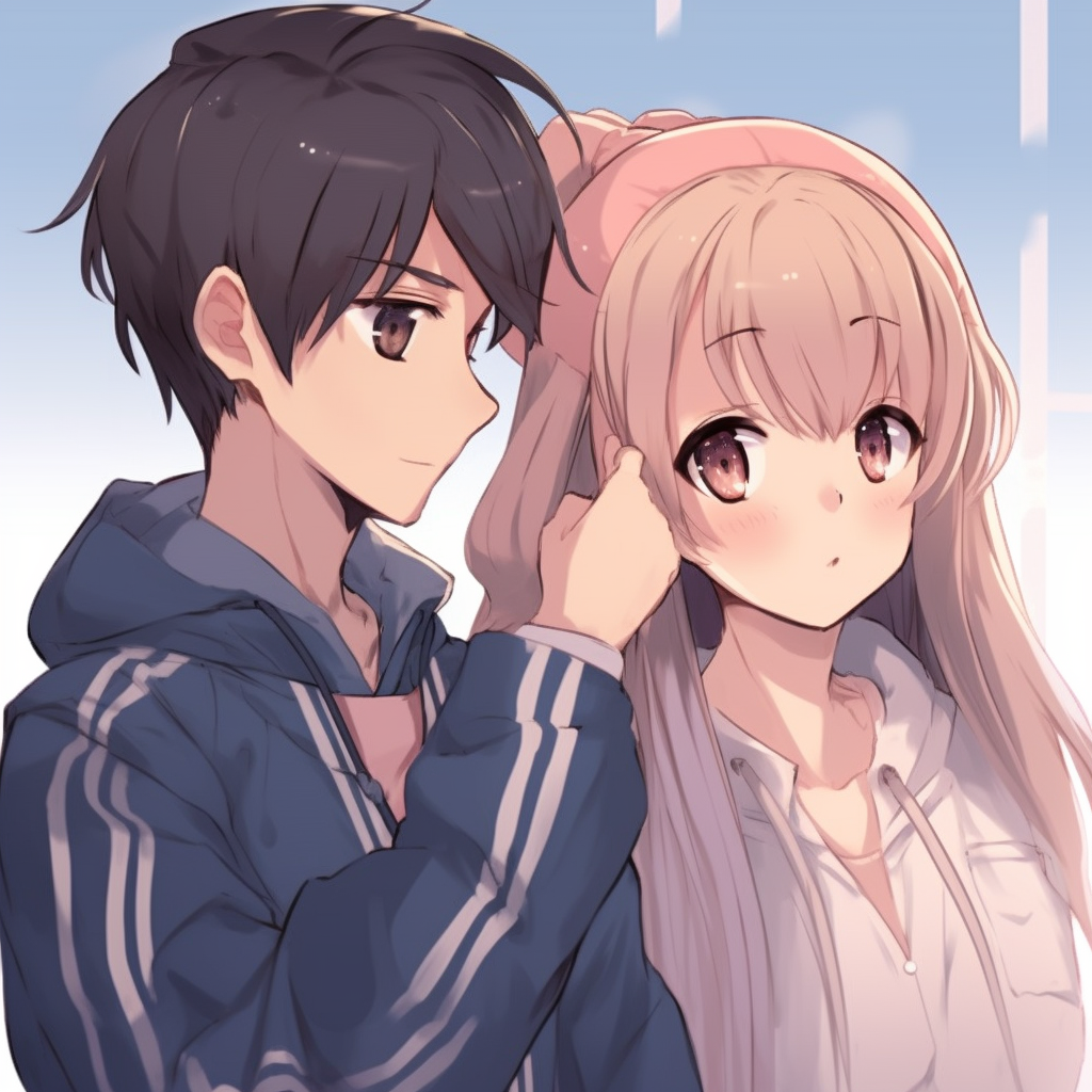 Anime couple matching image with a focus on the couple's similar outfits and calming background, with minimalistic art style. best boy and girl matching anime pfp