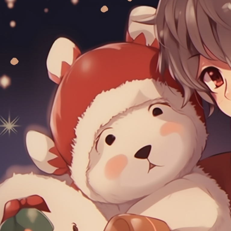Boys in matching holiday outfits, detailed embroidery and rich colors. cute matching christmas anime boy pfp pfp for discord.