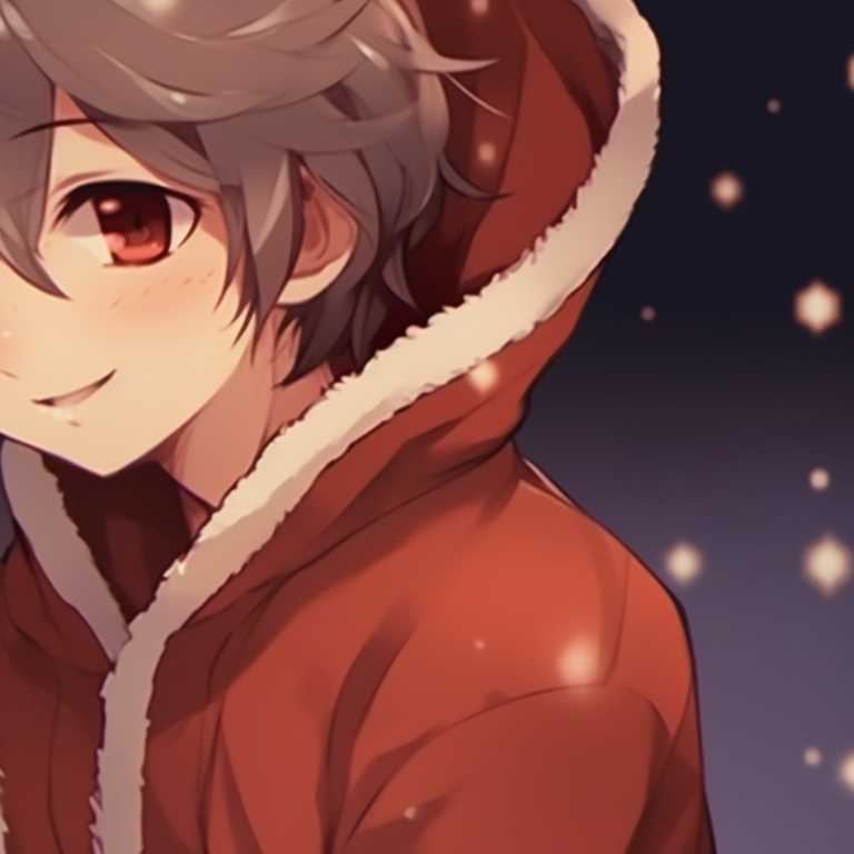 Boys in matching holiday outfits, detailed embroidery and rich colors. cute matching christmas anime boy pfp pfp for discord.