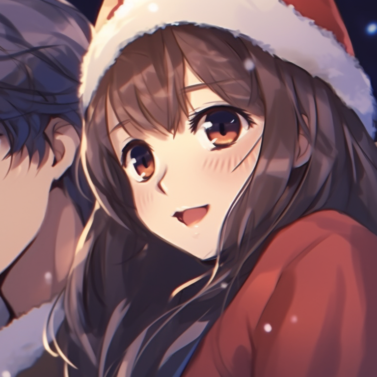 Two dreamy characters in nightwear, under a cozy blanket with a winter-themed design and soft colors. stylish matching aesthetic pfp for christmas pfp for discord.