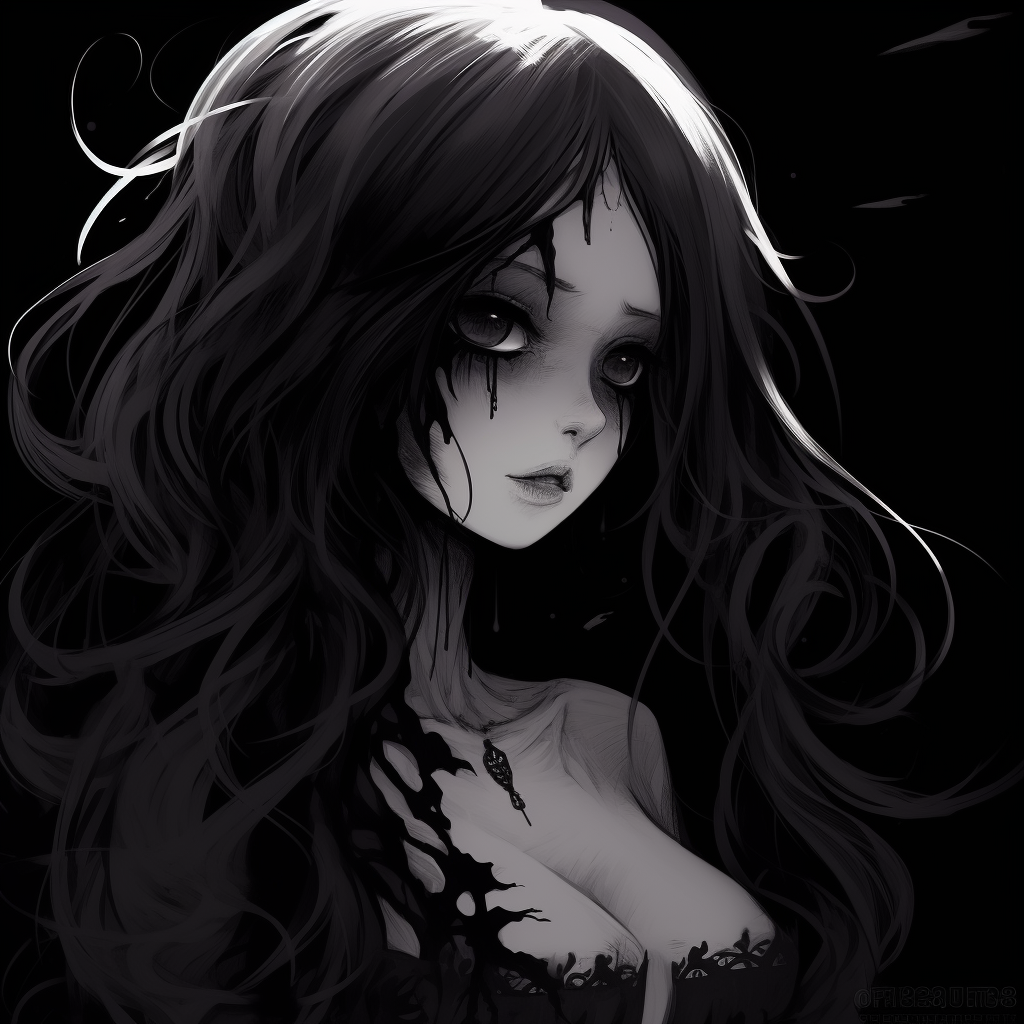Enigmatic witch in profile view, intricate linework and ominous tones. gothic scary anime pfp pfp for discord.