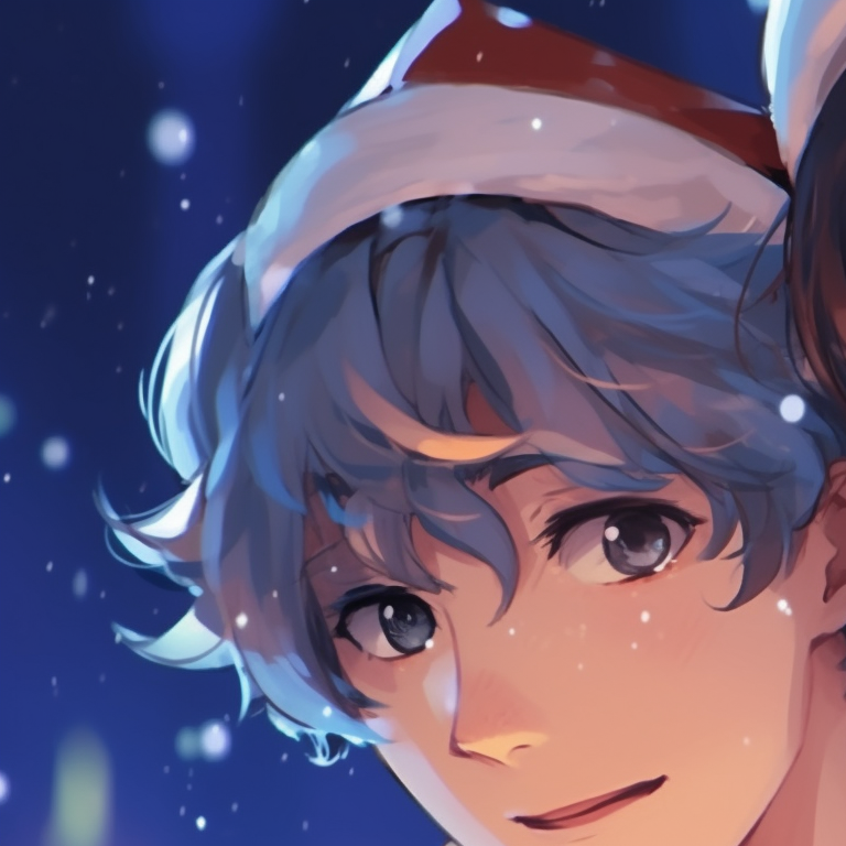 Two characters under the starlight with breath-taking sparkles in the background, eyes locked with a serene expression. stylish matching aesthetic pfp for christmas pfp for discord.