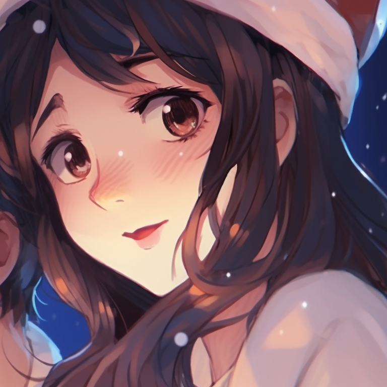 Two characters under the starlight with breath-taking sparkles in the background, eyes locked with a serene expression. stylish matching aesthetic pfp for christmas pfp for discord.