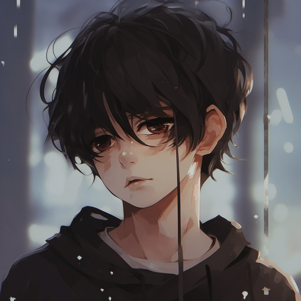 Close view of an anime boy lost in thought, visual emphasis on his melancholic eyes. anime boy sad pfp