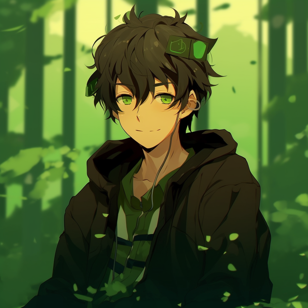 Female anime character with captivating green eyes to match the backdrop, delicately shaded with attention to detail. moss green anime pfp selections