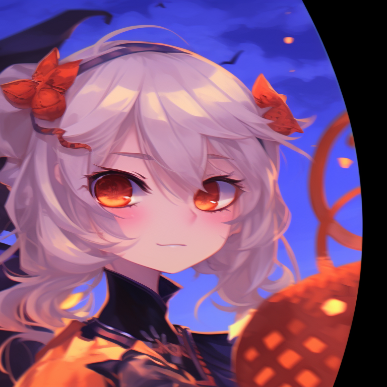 Close-up of characters with intense expressions and intricate details, one in a witch hat, the other a werewolf. genshin impact matching halloween profile pics pfp for discord.