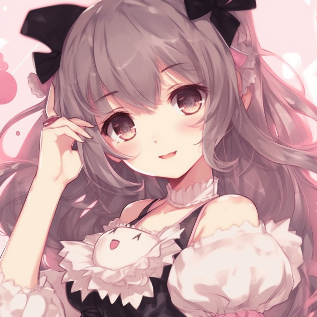 A Kawaii maid with an appealing outfit, detailed frills, and contrasting shades. dramatic kawaii anime pfp