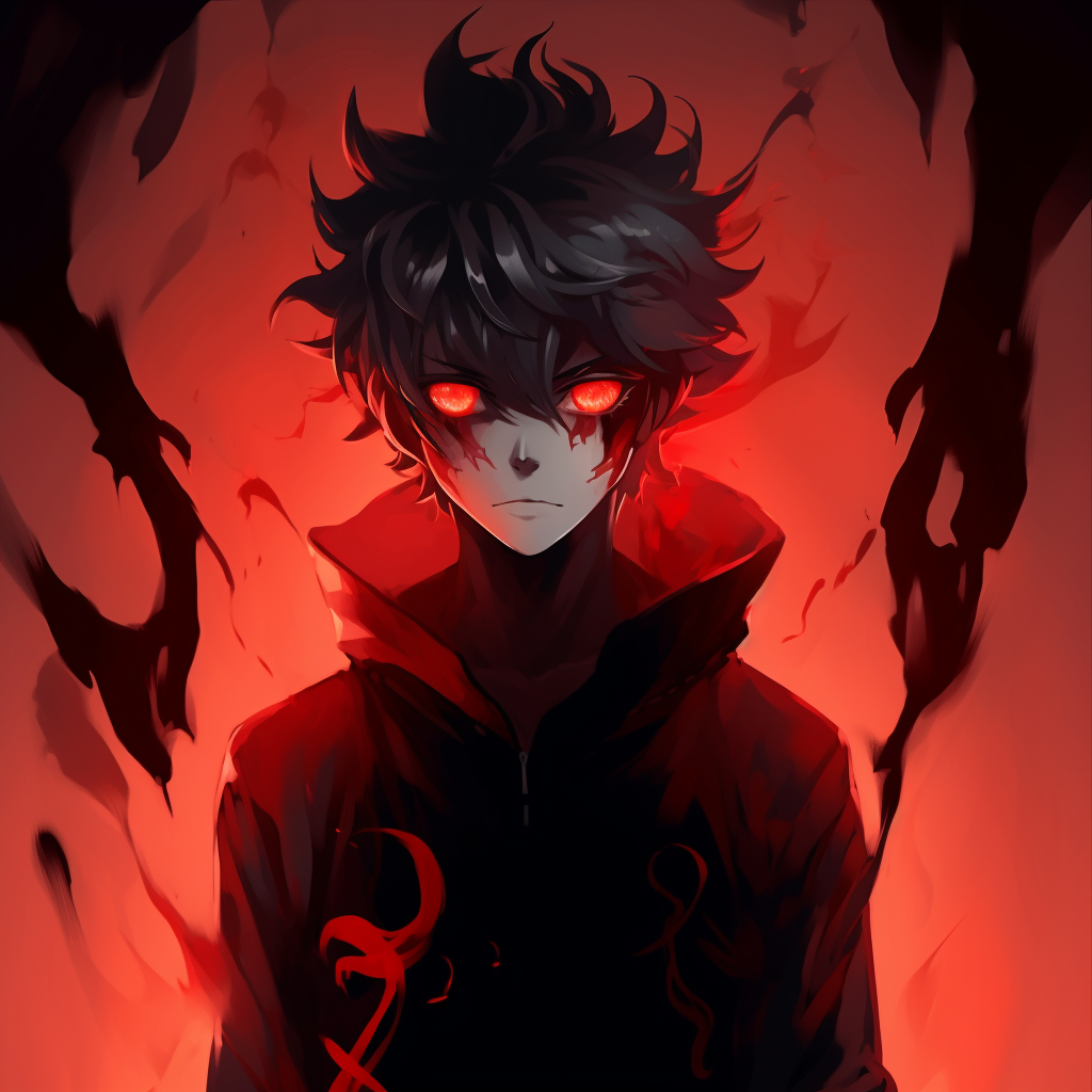 Close-up of a demonic anime character with detailed linework and high contrast. demonic anime pfp for characters pfp for discord.