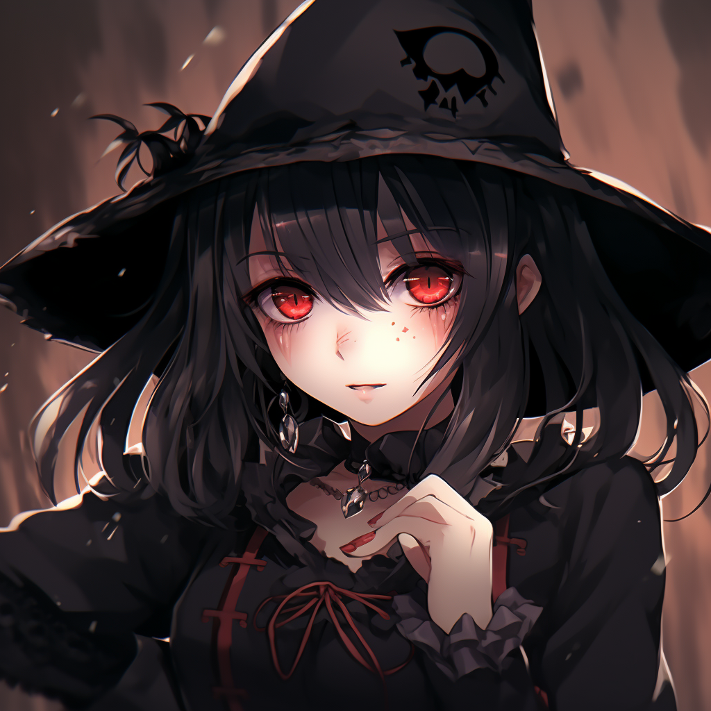 Profile picture of a gothic anime girl casting a spell, amidst dark scenic elements and glowing magical orbs. top-rated goth anime girl pfp pfp for discord.