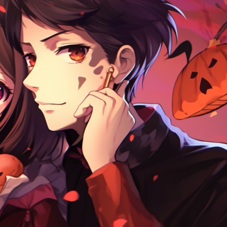 Two characters in a creepy dance, elegant lines and rich colors. pinterest ideas for matching couples pfp halloween theme pfp for discord.