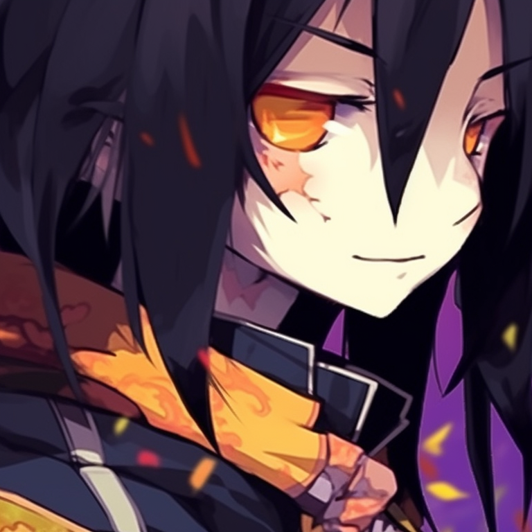 Two characters under a silhouetted moon, shaded in dark colors with a foreground of Halloween pumpkins. shinobu and giyuu halloween themed art pfp for discord.