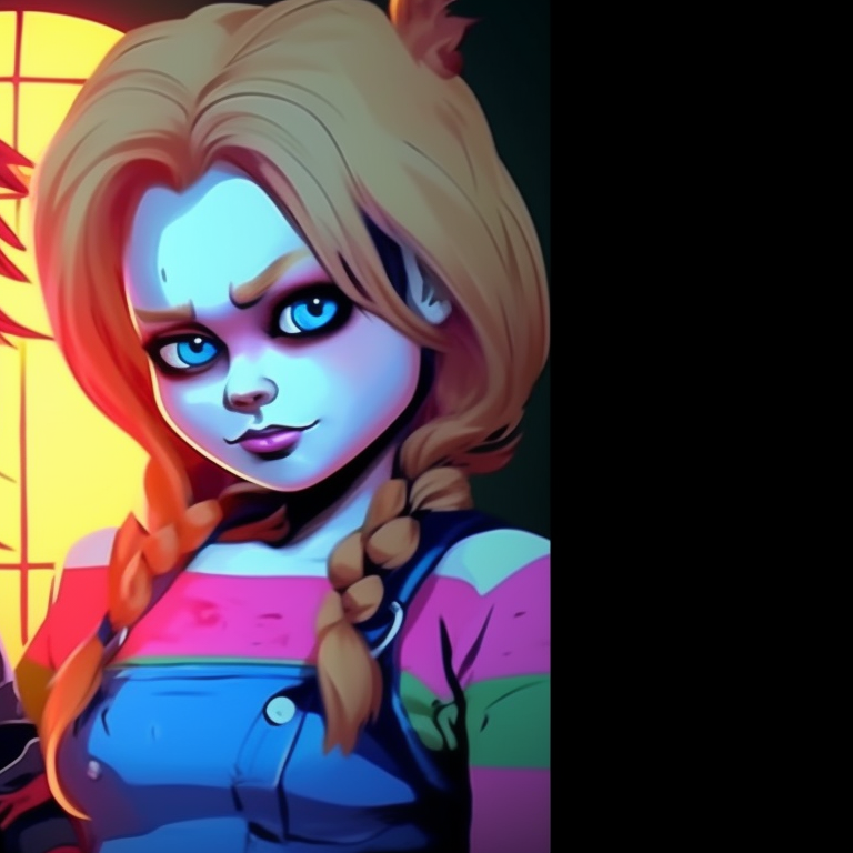 Two characters, Chucky and Tiffany, in bold colors and sharp lines, holding hands. halloween themed pfp with chucky and tiffany pfp for discord.